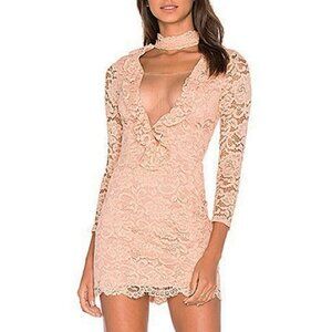 NBD X Revolve Lace Long Sleeve Choker Mini Dress S Peach Blush